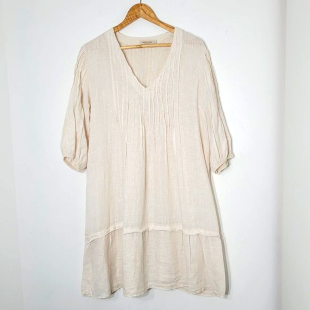Sunflower Cream 100% Linen Shift Dress Boho Hippie Peasant Style V-Neckline L